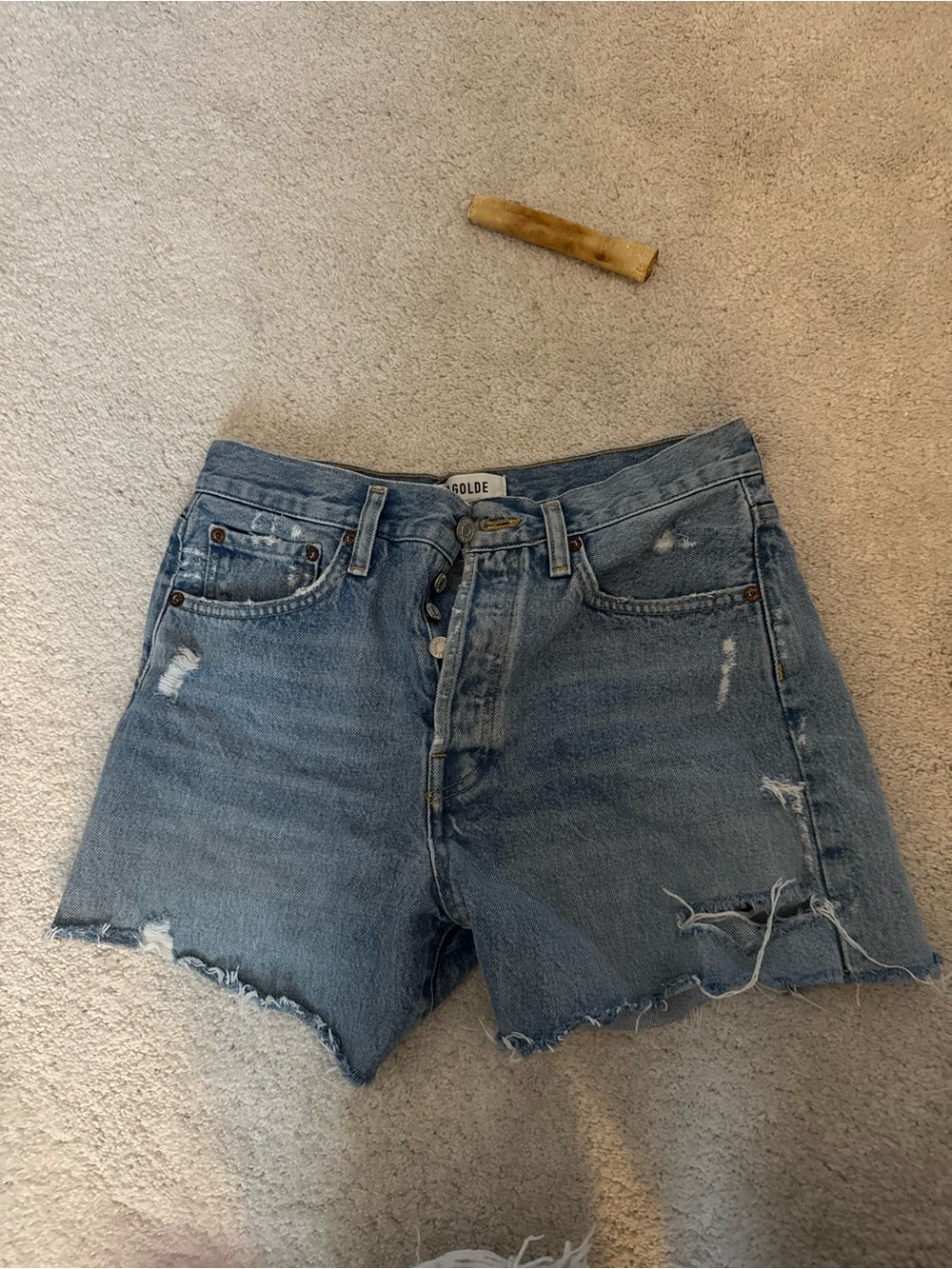 Agolde Parker Long Distressed High-Rise Denim Cutoff Shorts in Medium Blue
